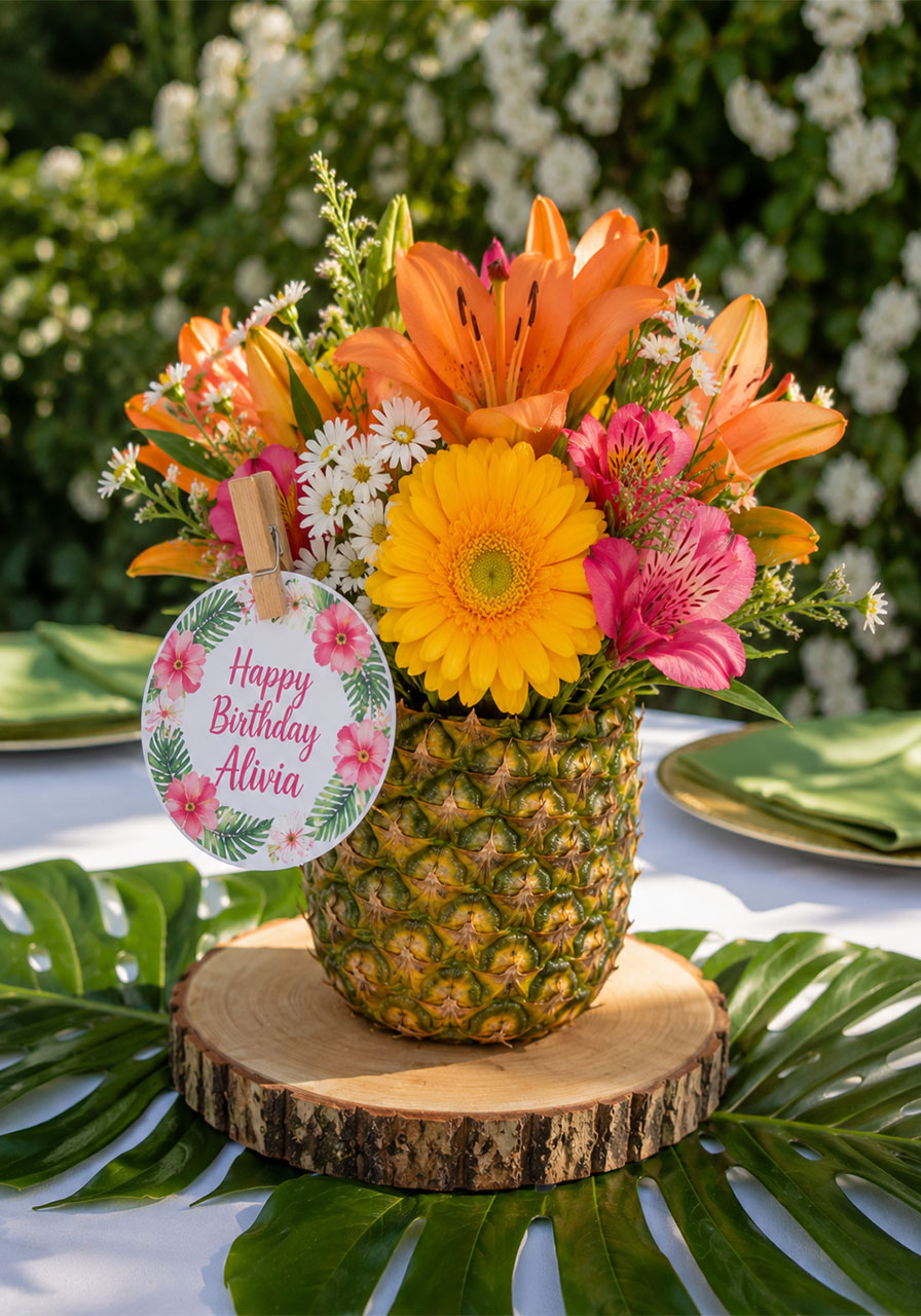 Fresh tropical flower arrangement in a hollowed real pineapple vase centerpiece for birthday party snack bar table