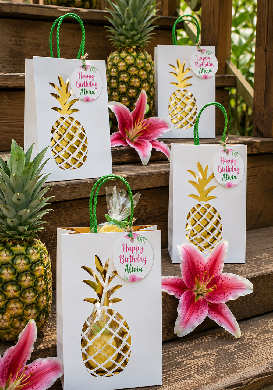 White laser-cut gold pineapple gift bags displayed on wooden steps as birthday party favor snack bar station