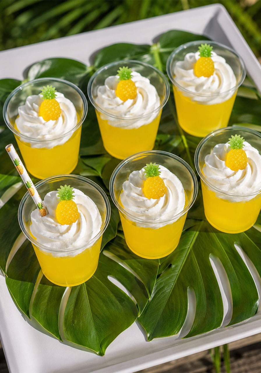 Bright yellow pineapple Jello cups topped with whipped cream and pineapple gummy for birthday party snack bar