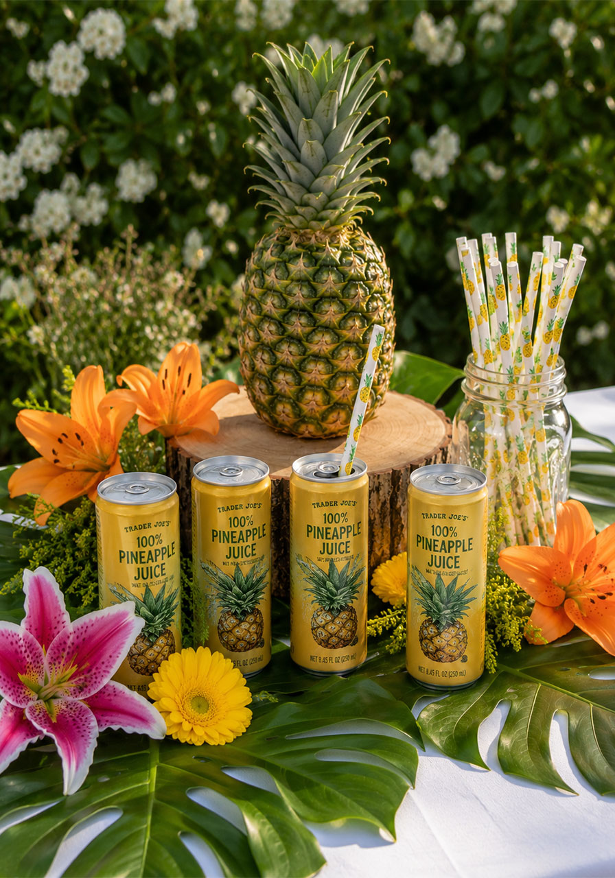 Tropical pineapple juice drink station with mini juice cans and pineapple paper straws for birthday party snack bar