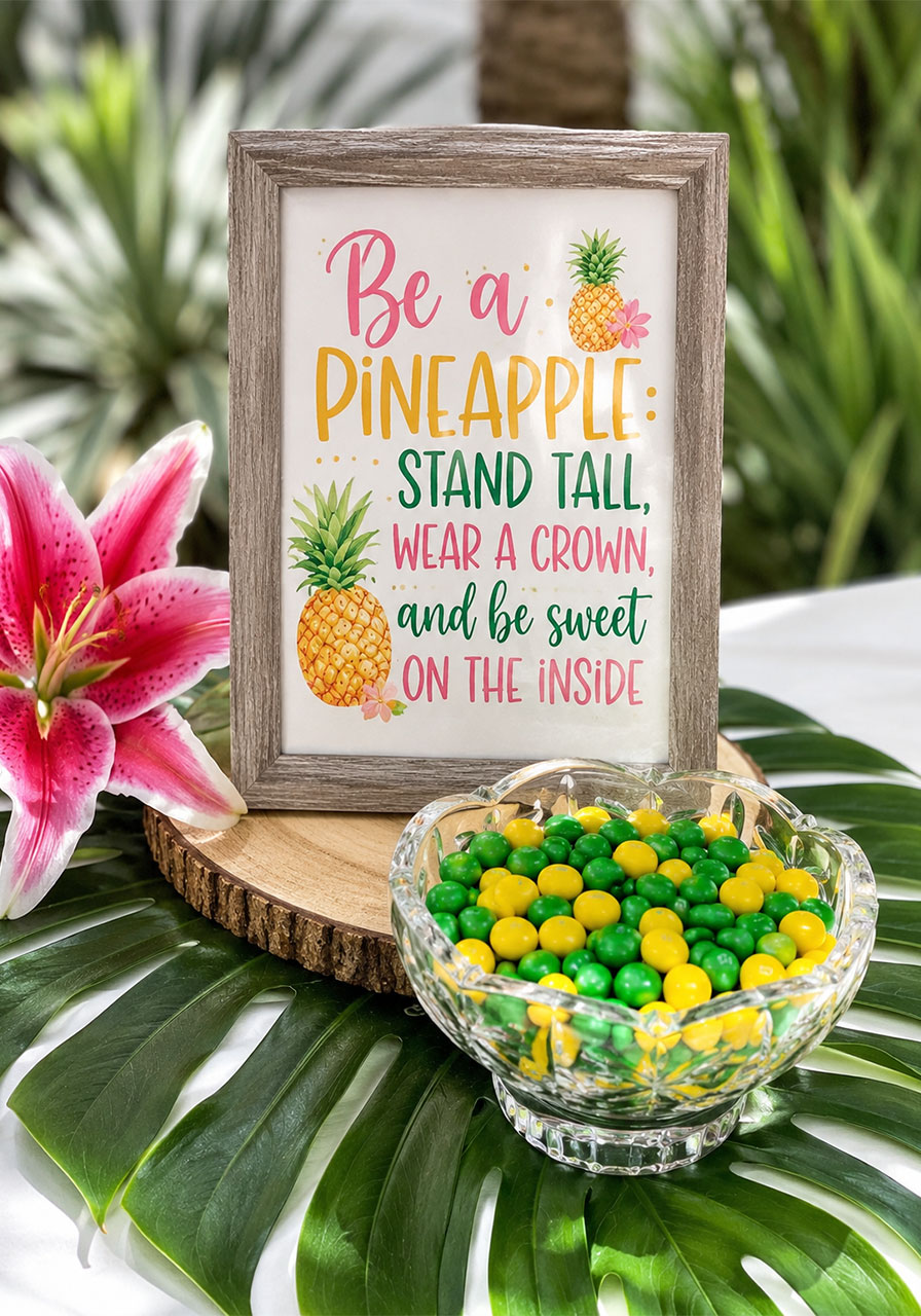 Pineapple quote sign with yellow and green candy dish as cute birthday party snack bar table detail