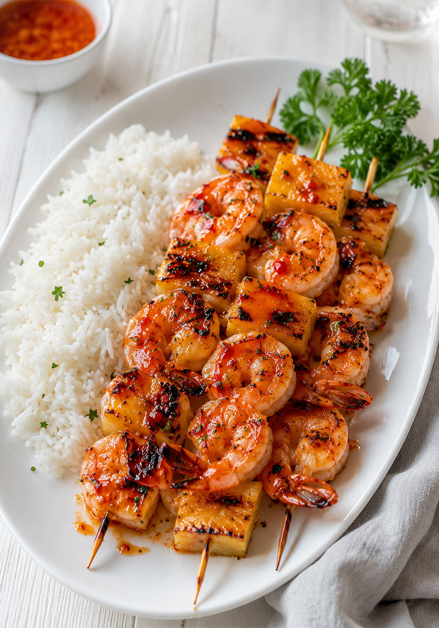 Grilled sweet and spicy pineapple shrimp skewers plated as a dinner entree with steamed white jasmine rice