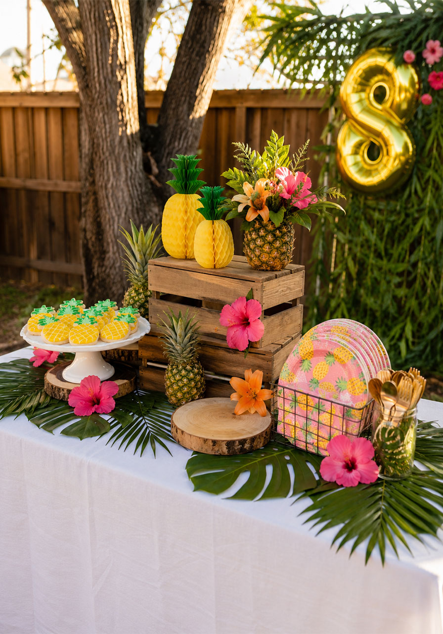 Pineapple-shaped royal icing sugar cookies on white plate for birthday party snack bar