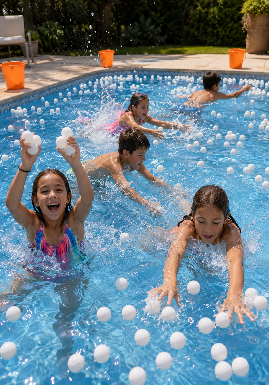 Kids scrambling to collect floating ping pong balls in a pool during a fun summer pool party game