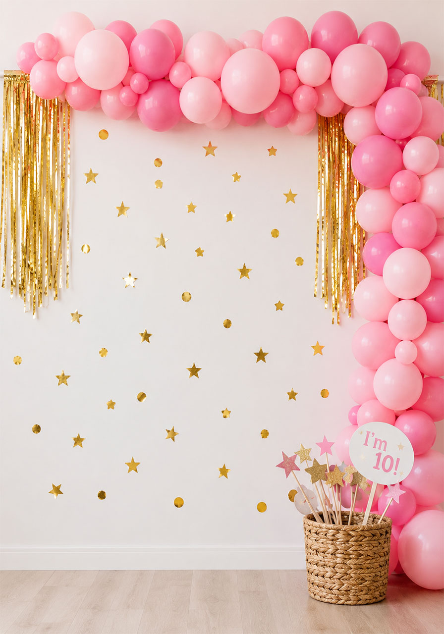Pink balloon garland with gold confetti stars scattered on white wall creating a clean and chic 10th birthday photo booth backdrop