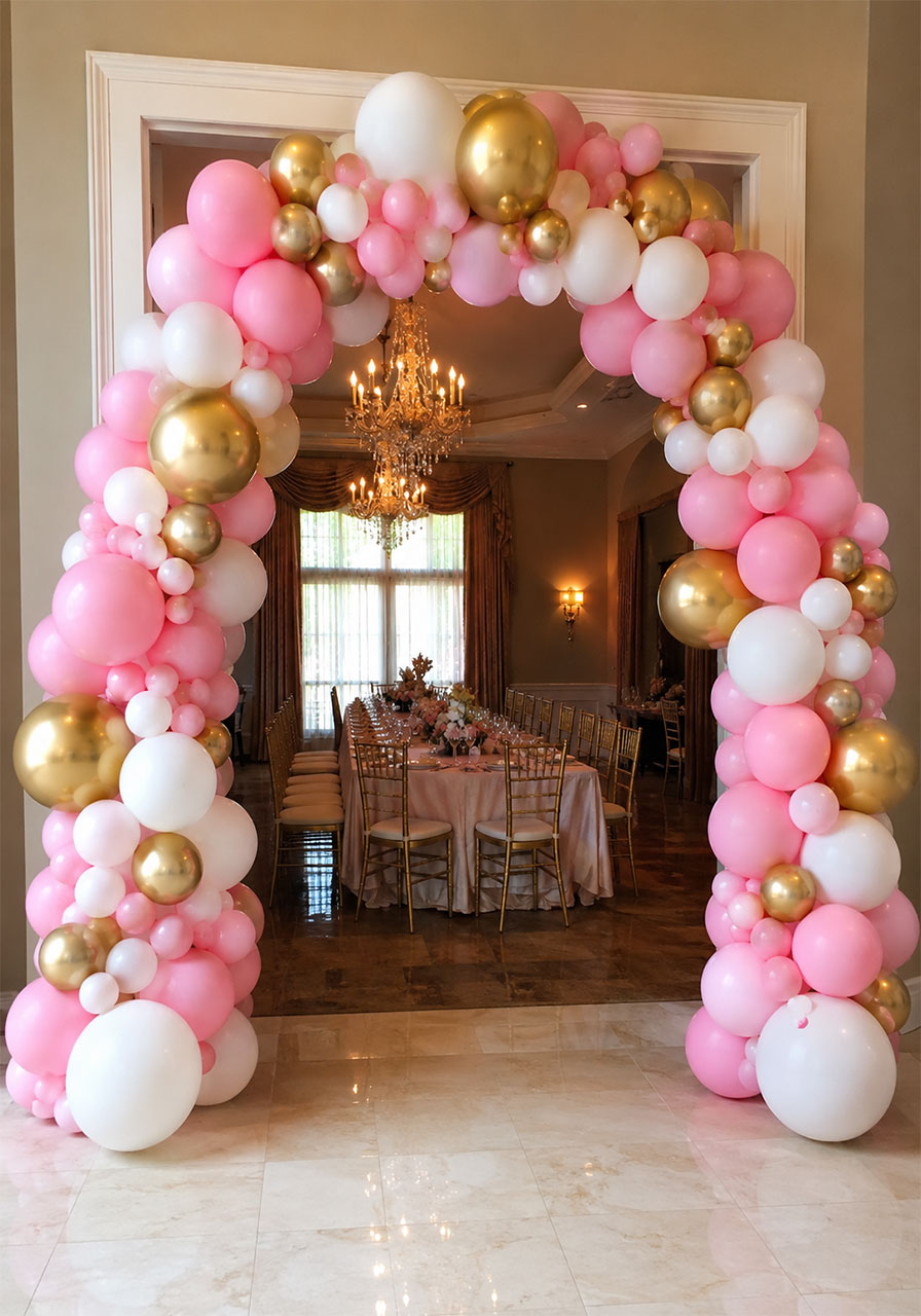 Pink white and gold chrome balloon arch entrance framing a party room for an elegant 10th birthday celebration