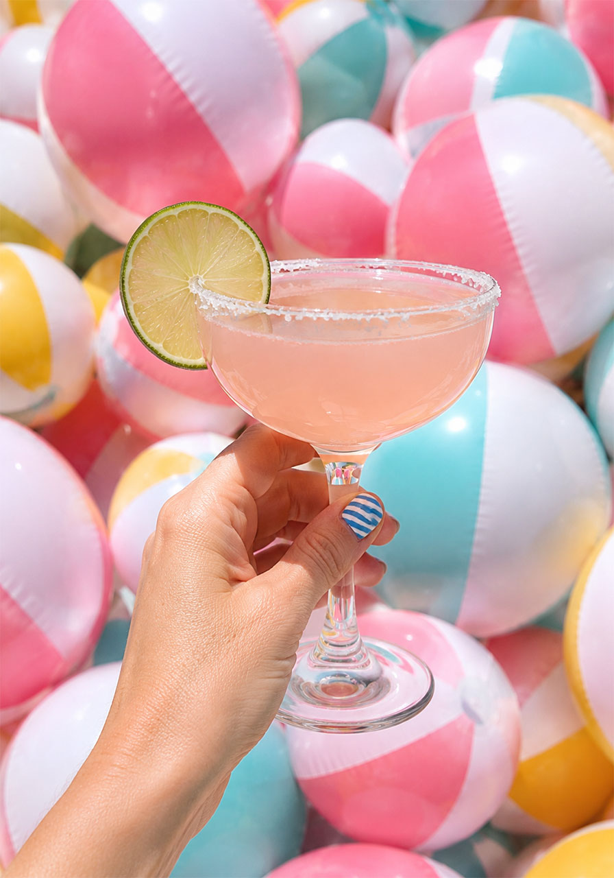 Hand holding blush pink margarita coupe glass with lime garnish in front of pastel beach ball backdrop at summer pool party