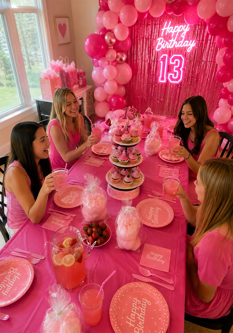 Pink out party setup with all-pink decorations and pink tablecloth for 13th birthday slumber party