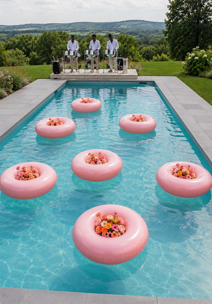 Blush pink donut ring pool floats with fresh flower bouquets floating in turquoise pool with steel drum band in background