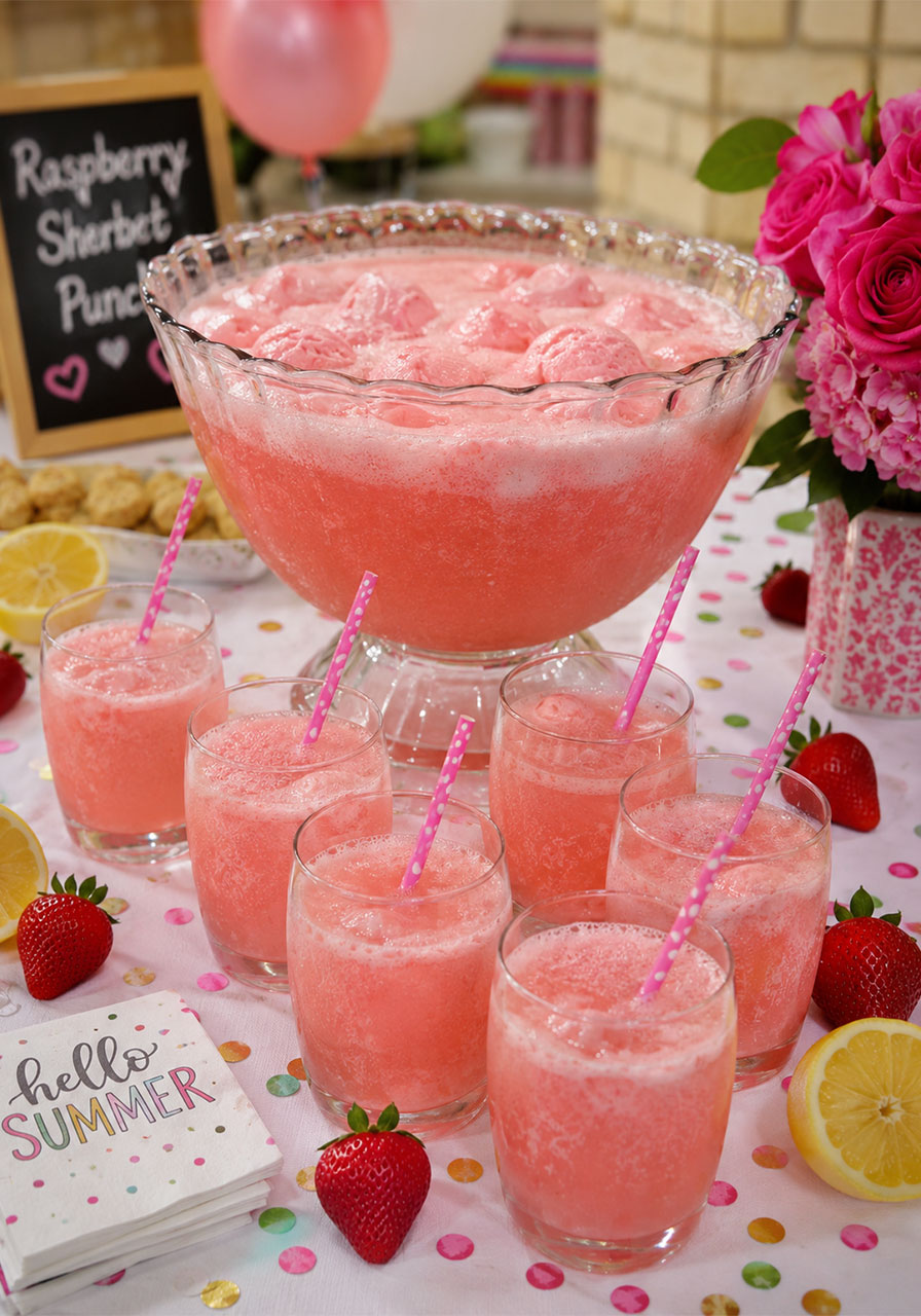 Easy 3-ingredient pink punch in glass bowl with sherbet and pink lemonade for summer party