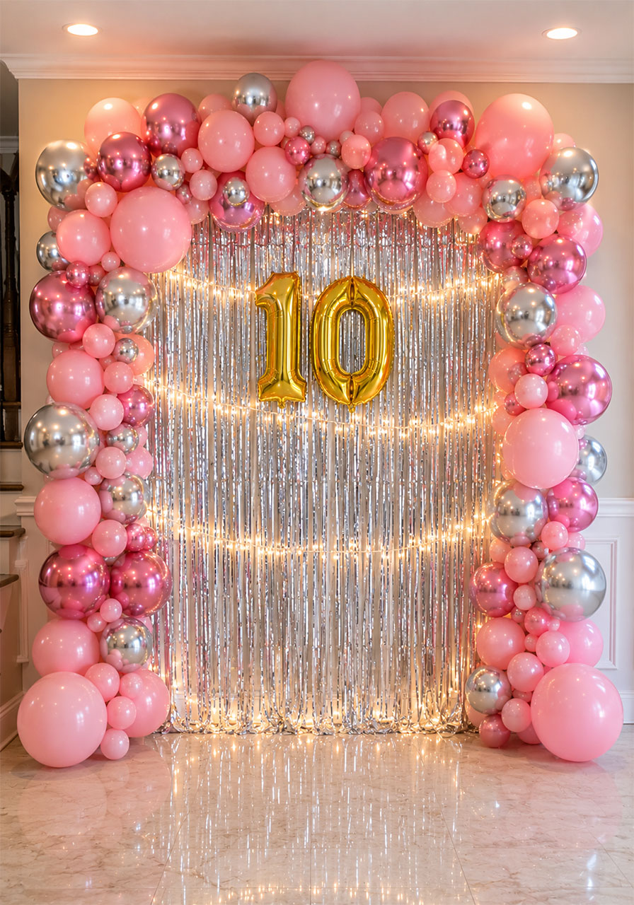 Pink silver and gold balloon arch framing a glittery tinsel curtain backdrop with gold number 10 balloon for a 10th birthday photo booth wall