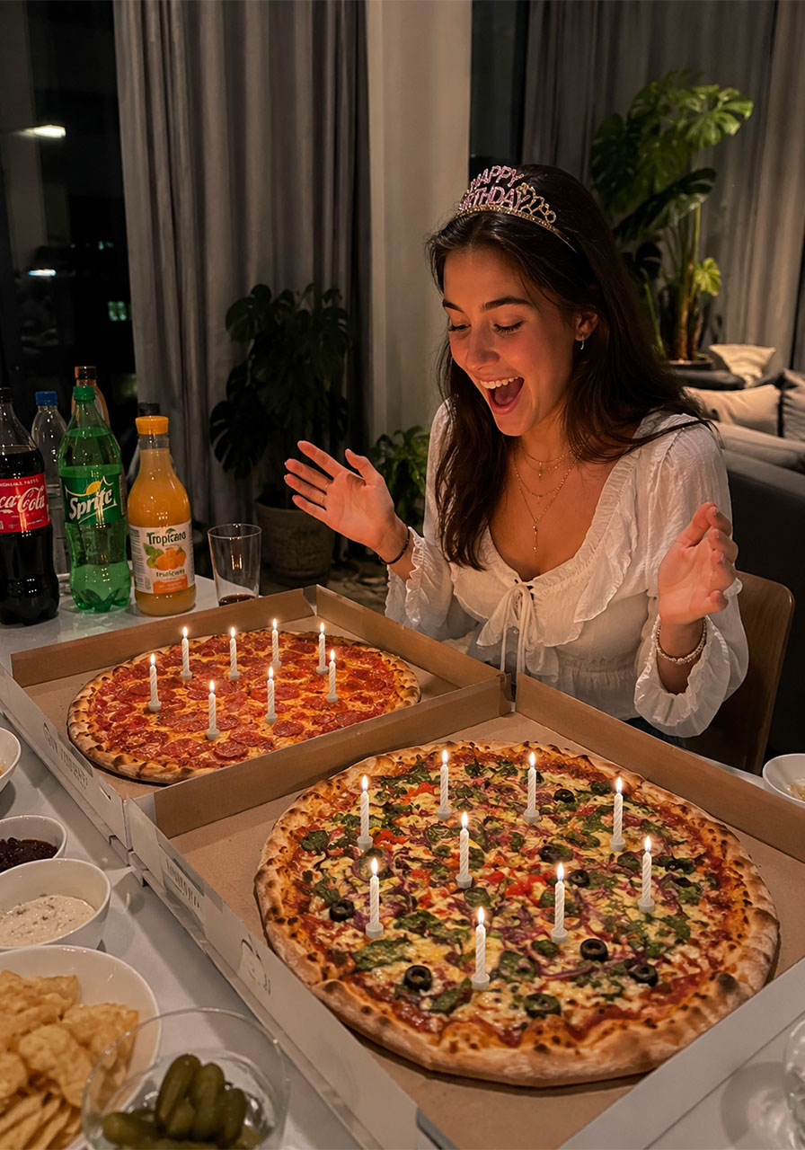 Excited teenage girl reacting to birthday candles on two large pizzas at her 19th birthday pizza party celebration