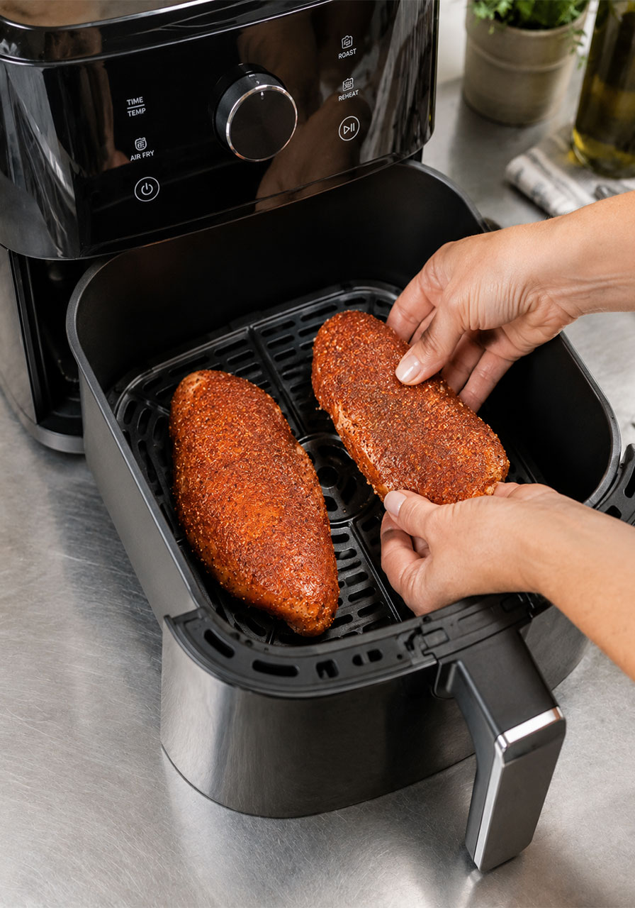 Seasoned raw BBQ chicken breasts being placed in a single layer inside an open air fryer basket