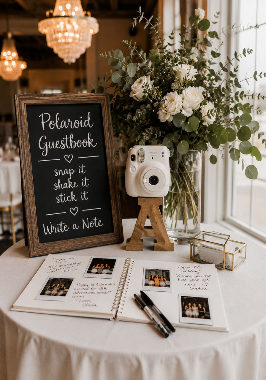 Elegant polaroid guestbook station with Instax camera chalkboard sign and fresh florals for 18th birthday party