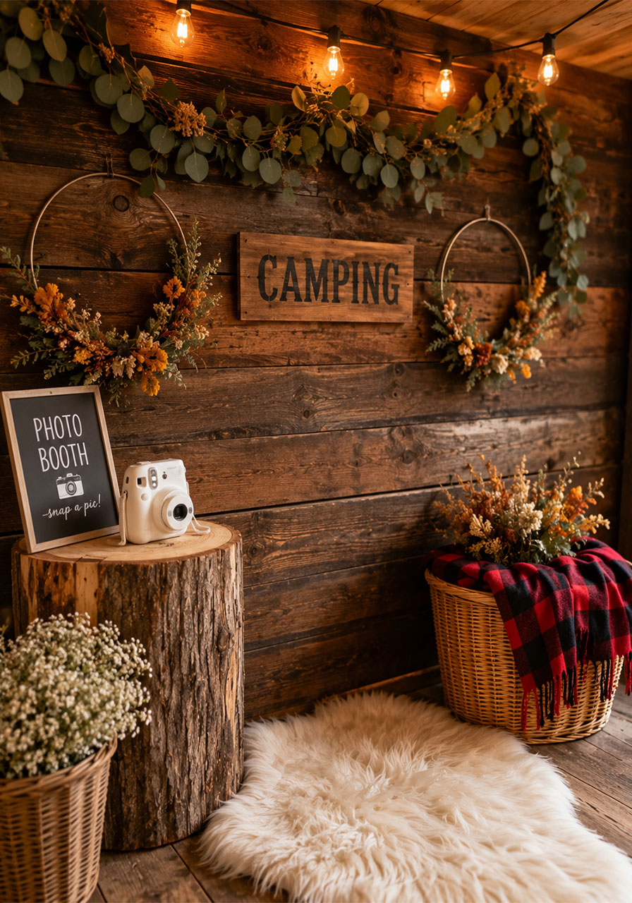 Rustic log cabin polaroid photo booth station with eucalyptus garland, Instax camera and plaid blanket props for camp bachelorette party