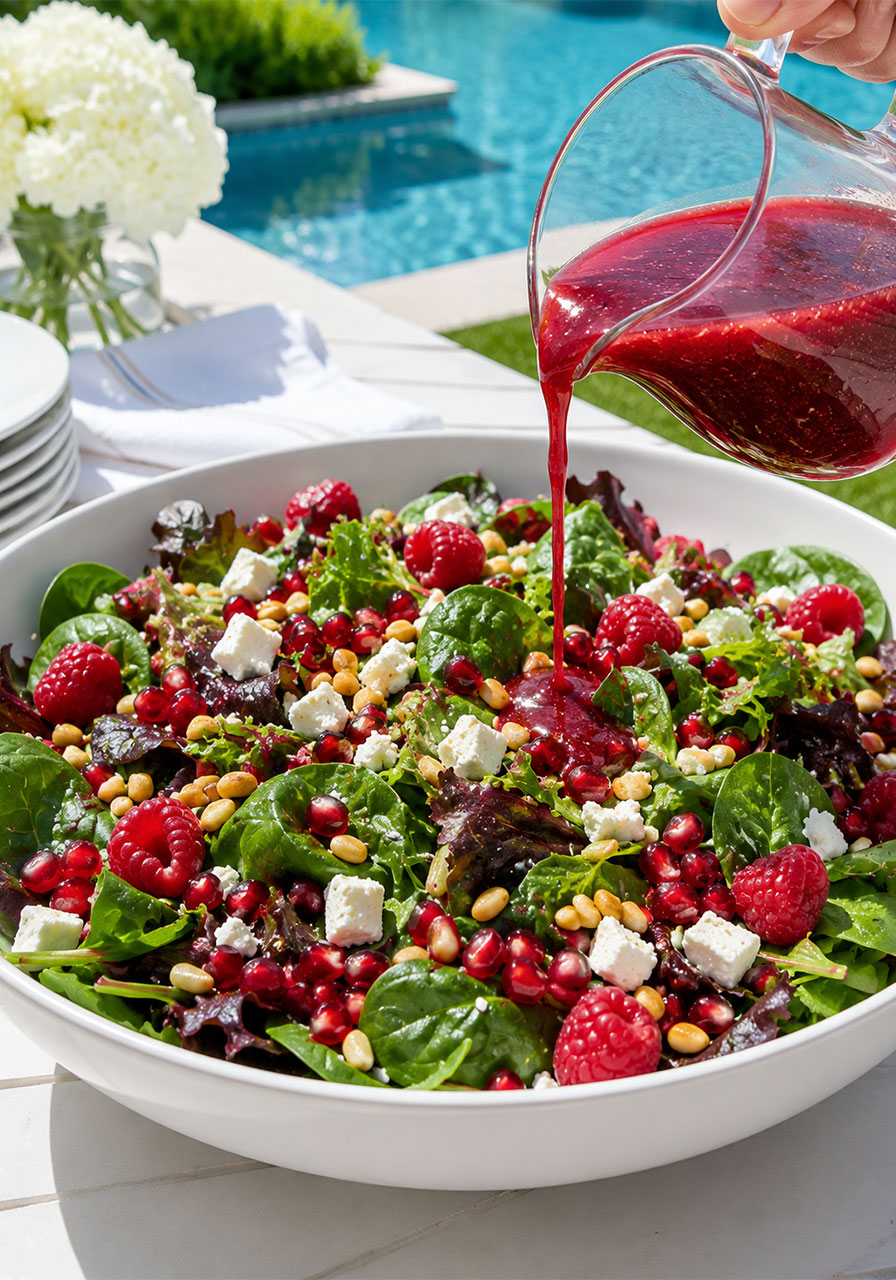 Pomegranate splash salad with raspberries, feta and pine nuts served with cranberry vinaigrette for a summer party