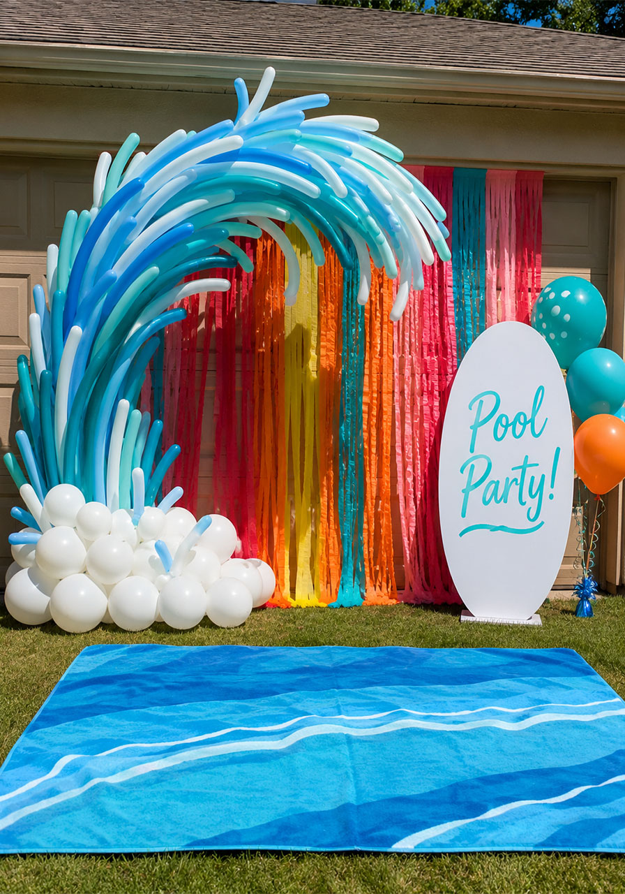 DIY giant balloon wave photo backdrop with rainbow streamers and white foam sign for a summer pool party