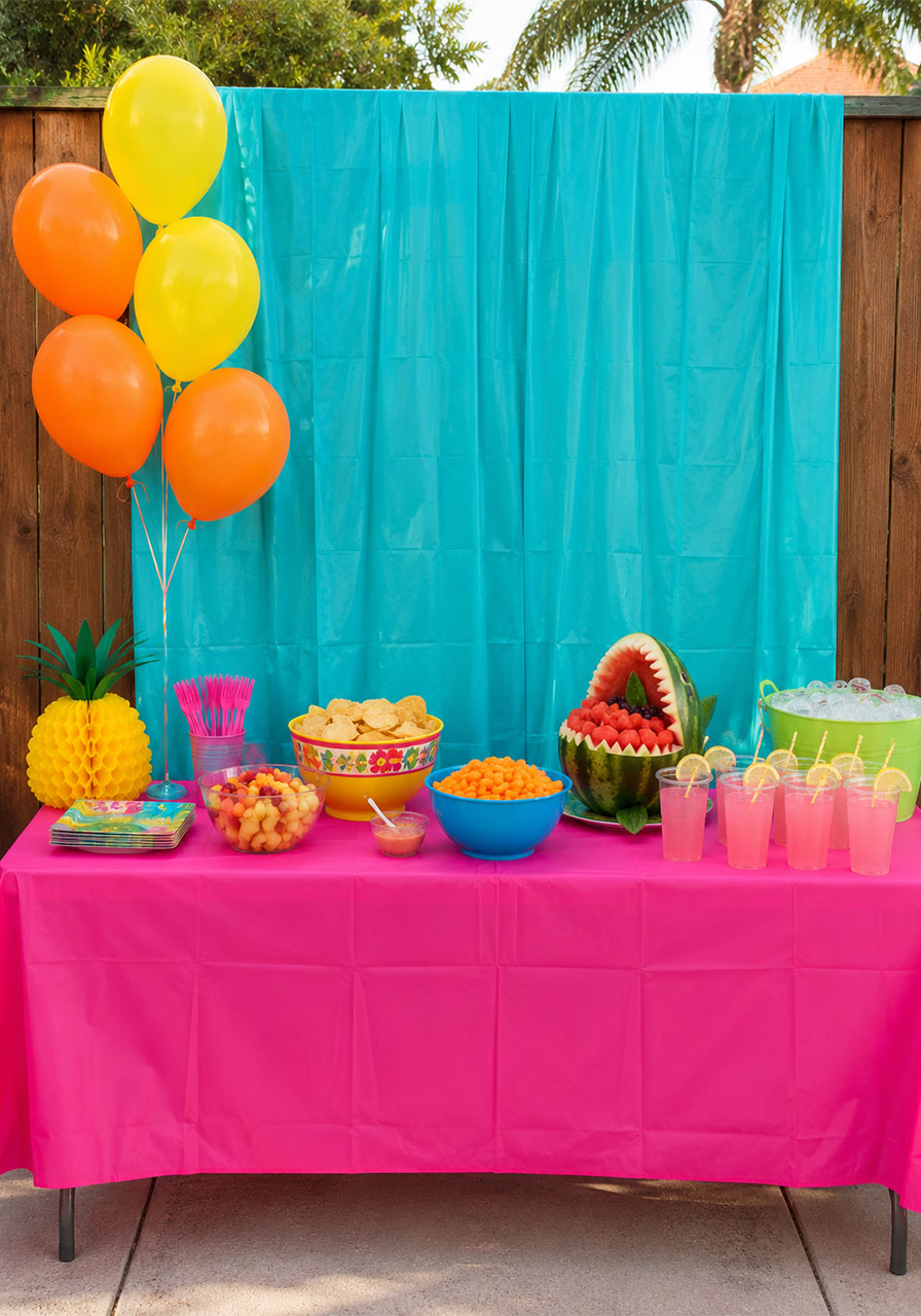 Bright pink and turquoise tablecloth food table setup for a colorful outdoor pool party