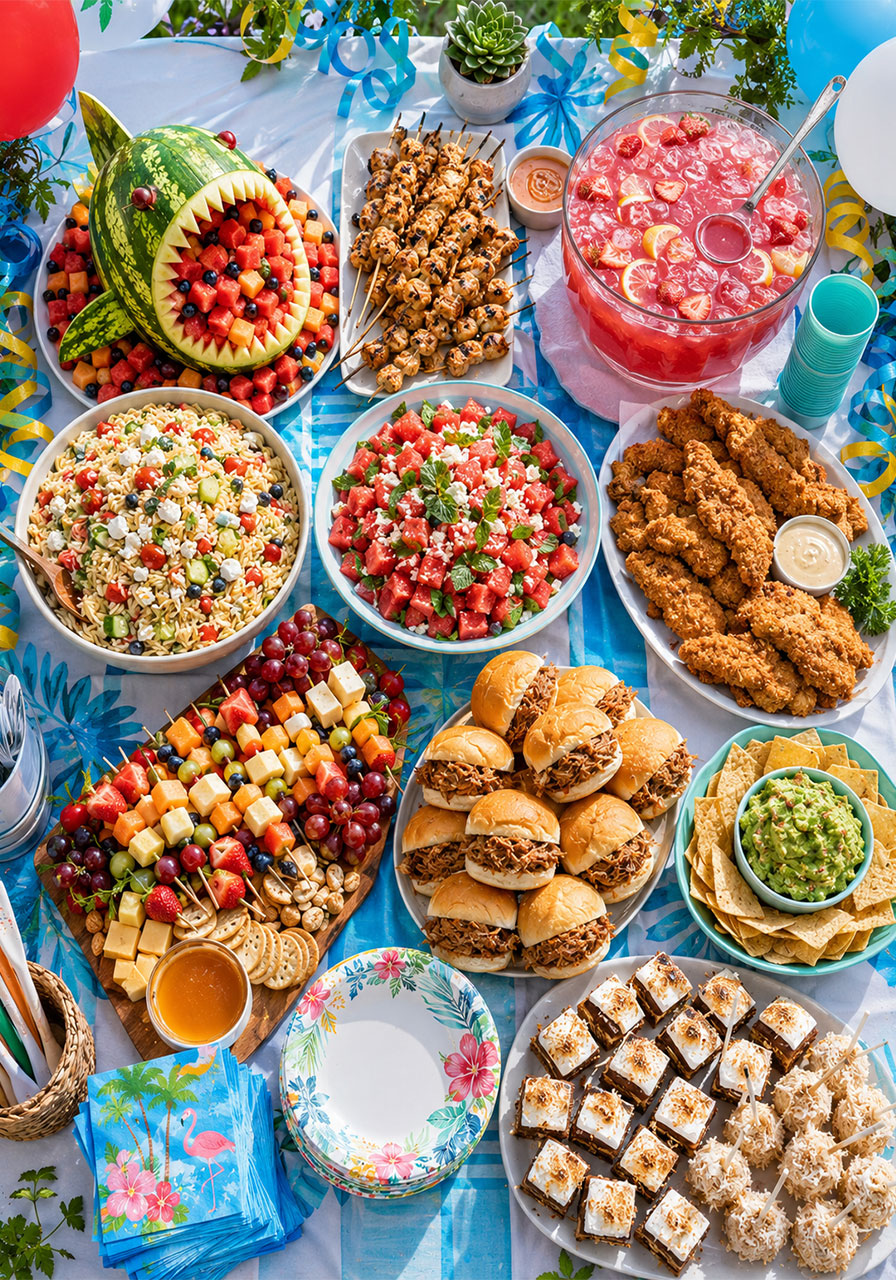 Complete pool party food spread on a buffet table with skewers, salads, sliders and desserts – easy summer party planning ideas