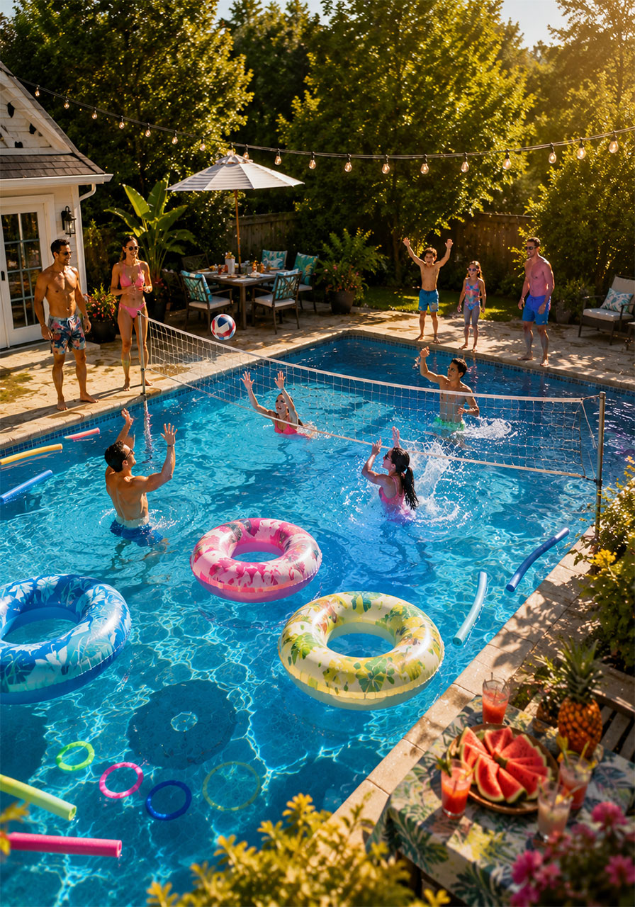 Group of adults and kids playing pool party games in backyard swimming pool on sunny summer day