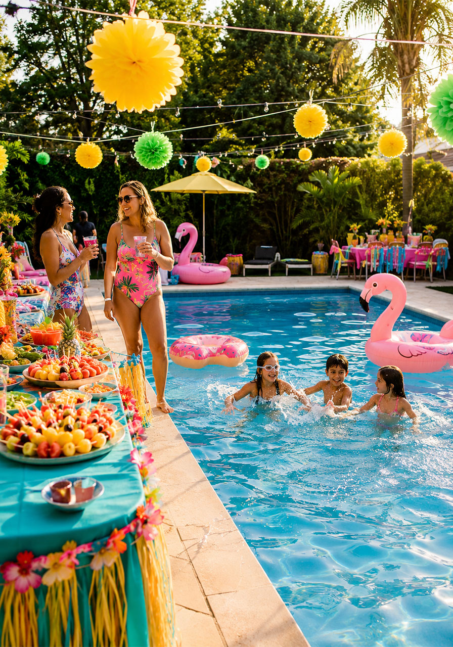 Kids and adults enjoying an epic backyard pool party with colorful decor, inflatables, and food table on a sunny summer day