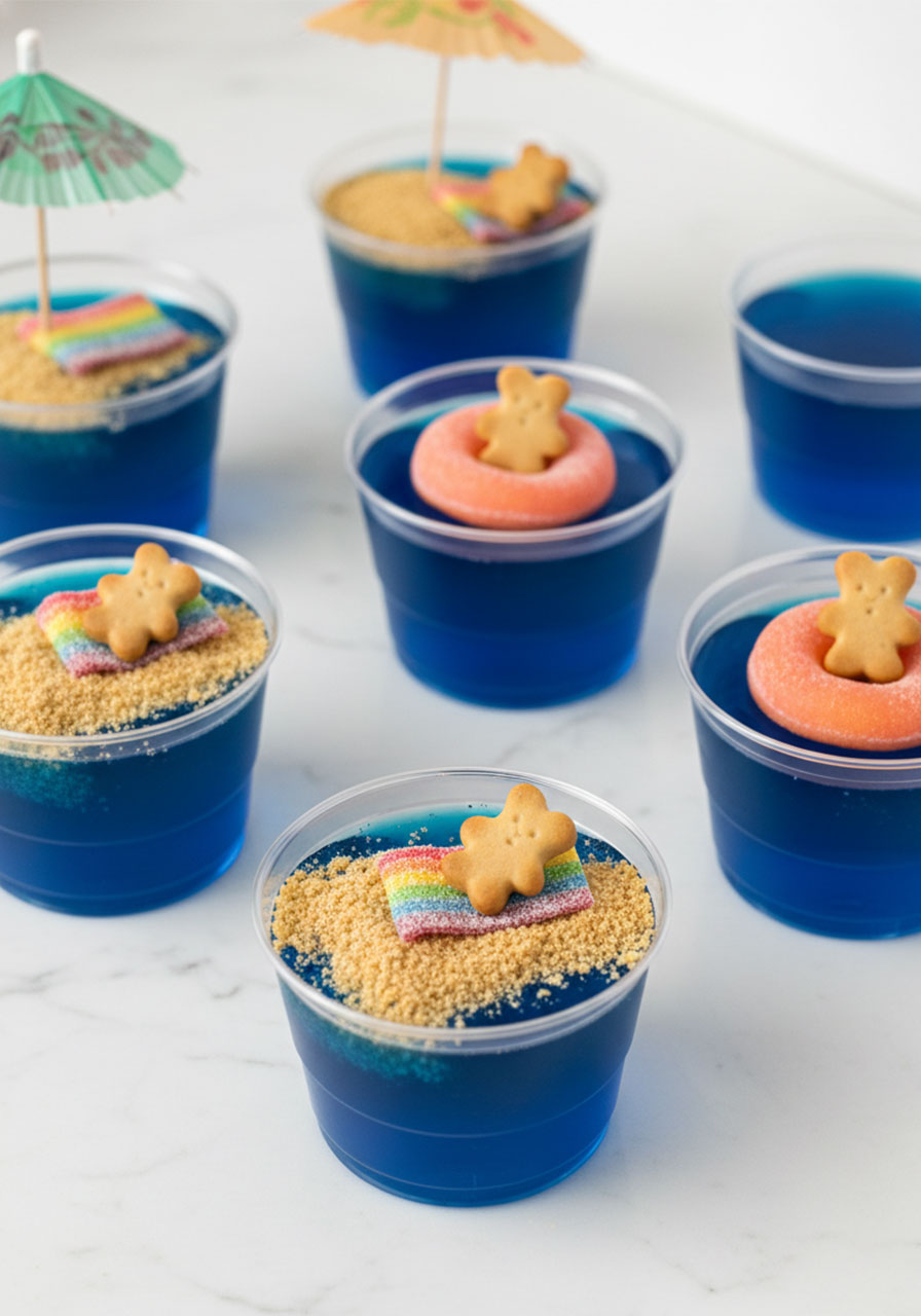 Blue beach-themed Jello cups with Teddy Graham bears on pool floats — fun pool party food for kids