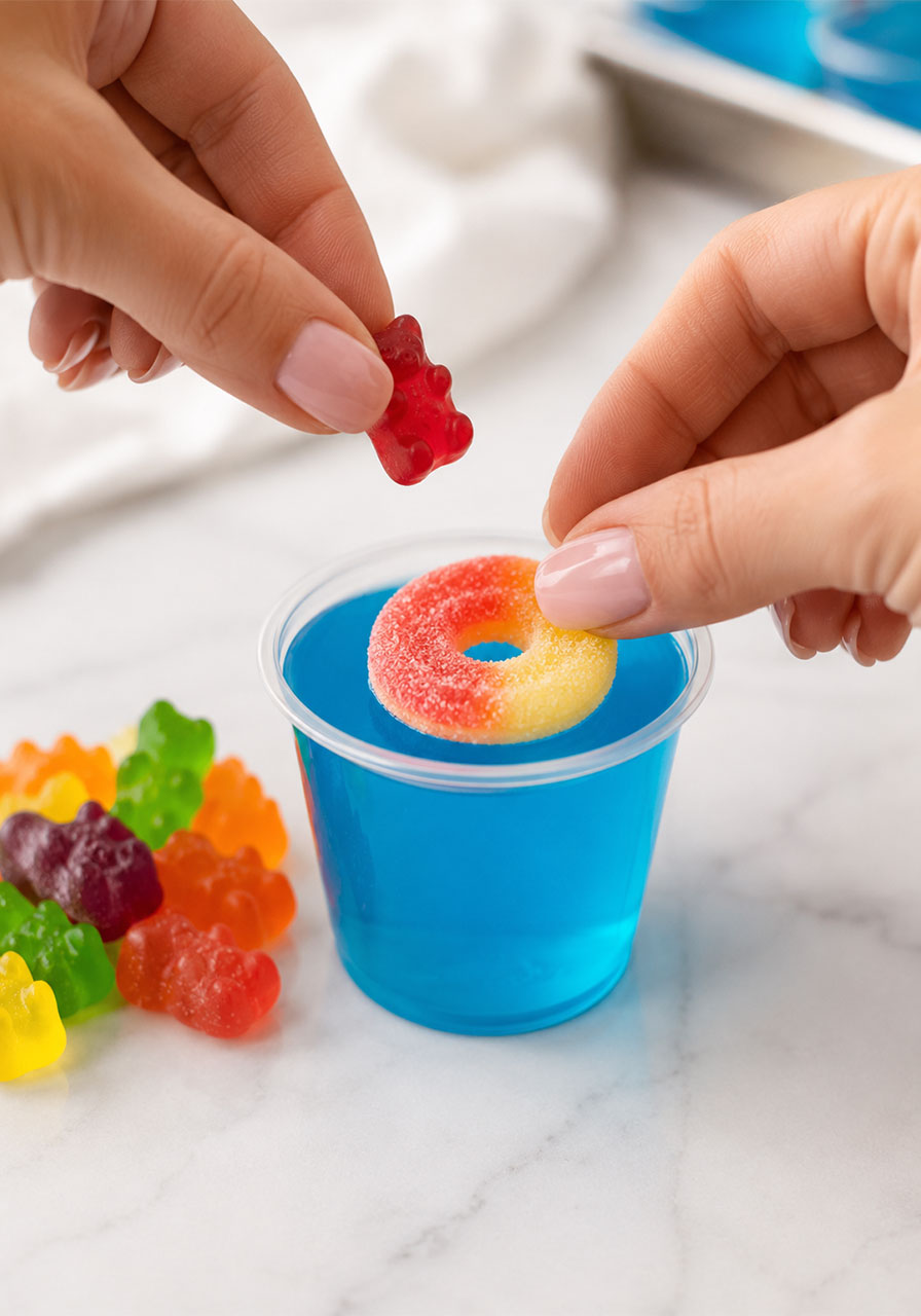 Placing peach ring gummy and gummy bear on top of a set blue jello shot to create a pool float decoration