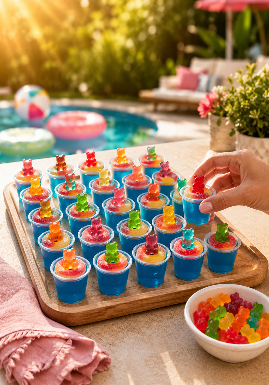 Close-up of a single pool party jello shot with blue raspberry jello, peach ring pool float, and gummy bear on top