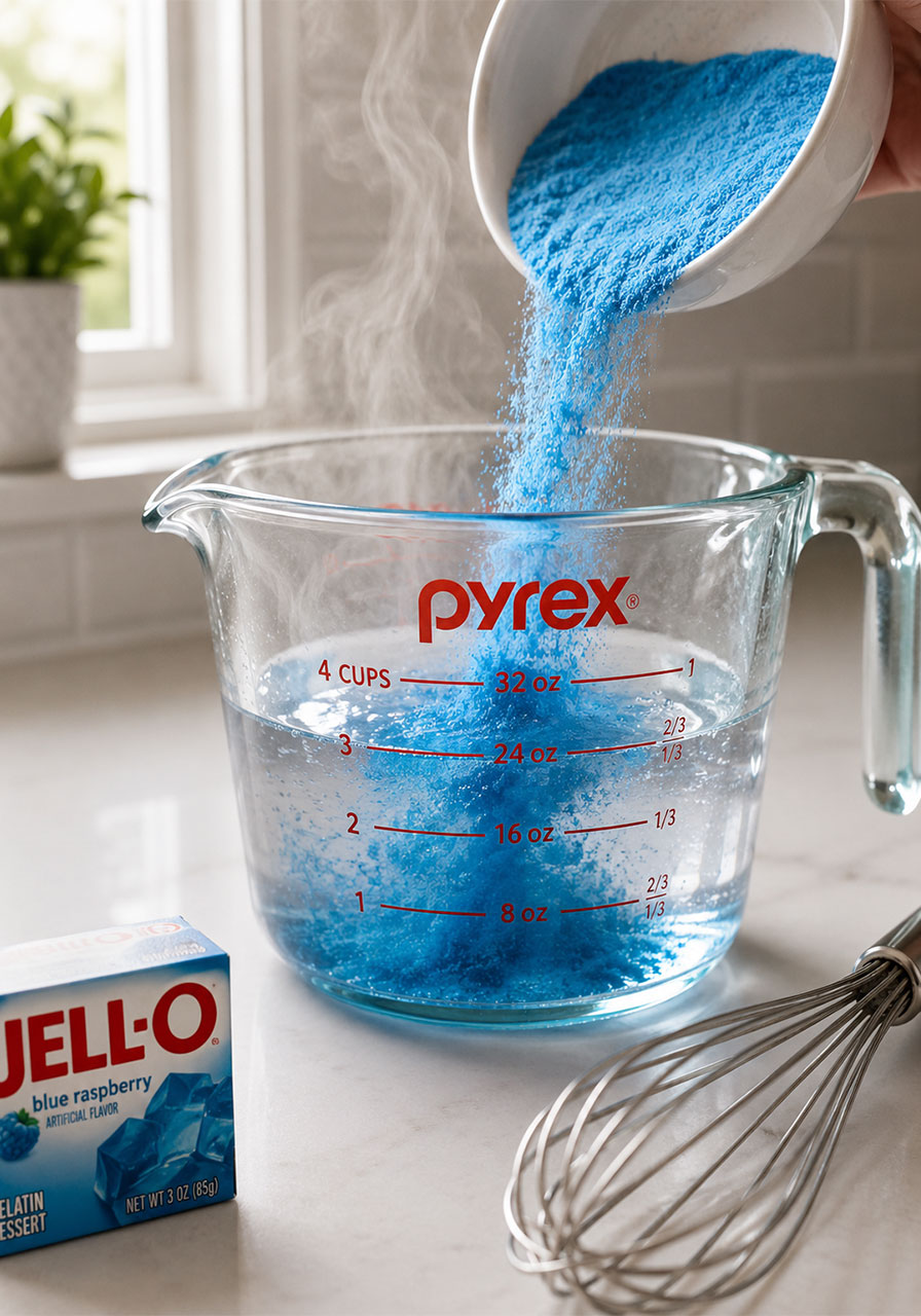 Dissolving blue raspberry Jell-O powder into boiling water in a glass measuring cup to make jello shots