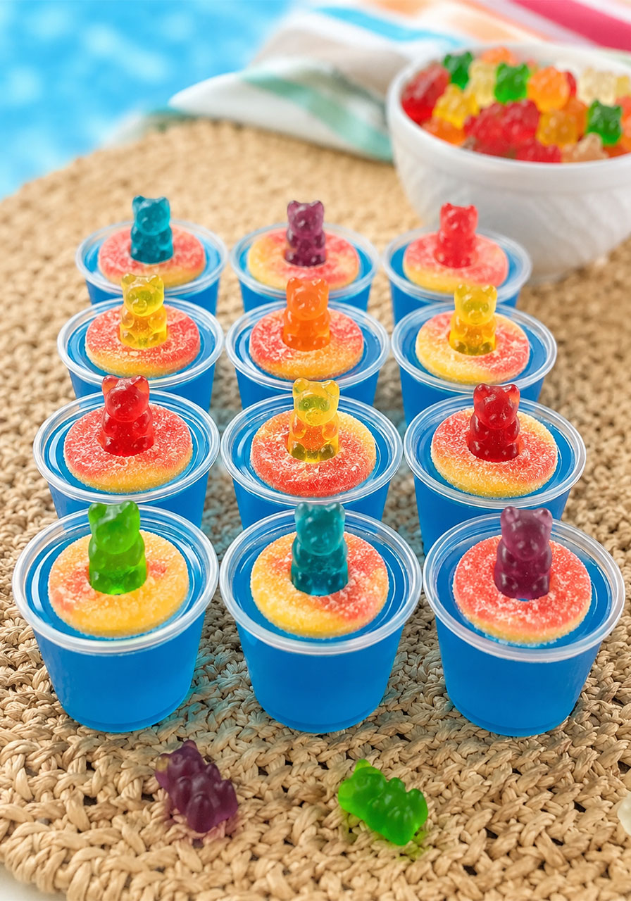 Finished pool party jello shots on a tray, topped with peach ring gummies and gummy bears