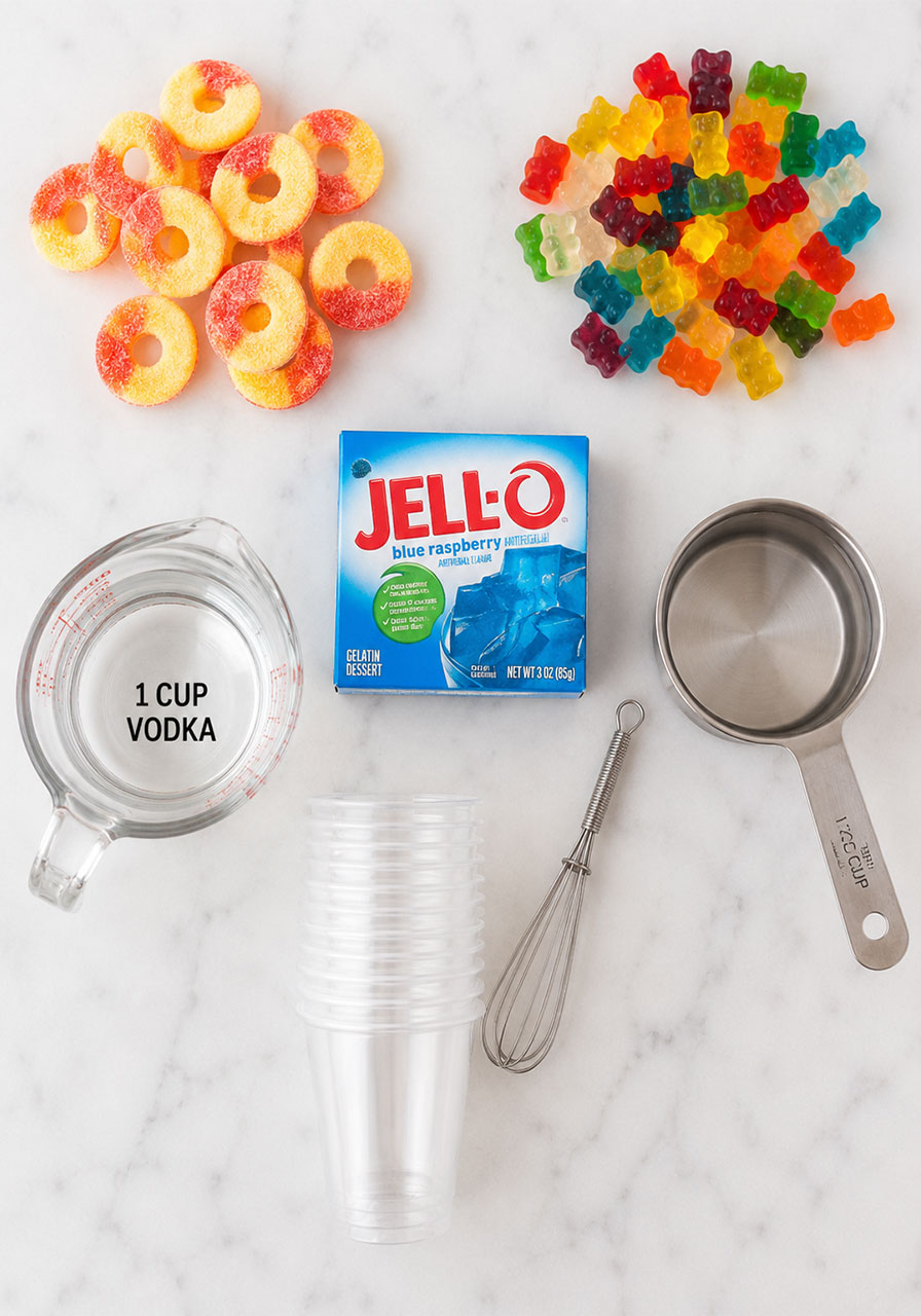 All ingredients for pool party jello shots including blue raspberry Jell-O, vodka, peach ring gummies, gummy bears, and shot cups