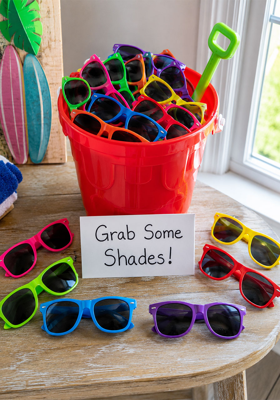 Colorful kids' sunglasses overflowing from a red beach pail as a pool party favor station with a "Grab Some Shades" sign