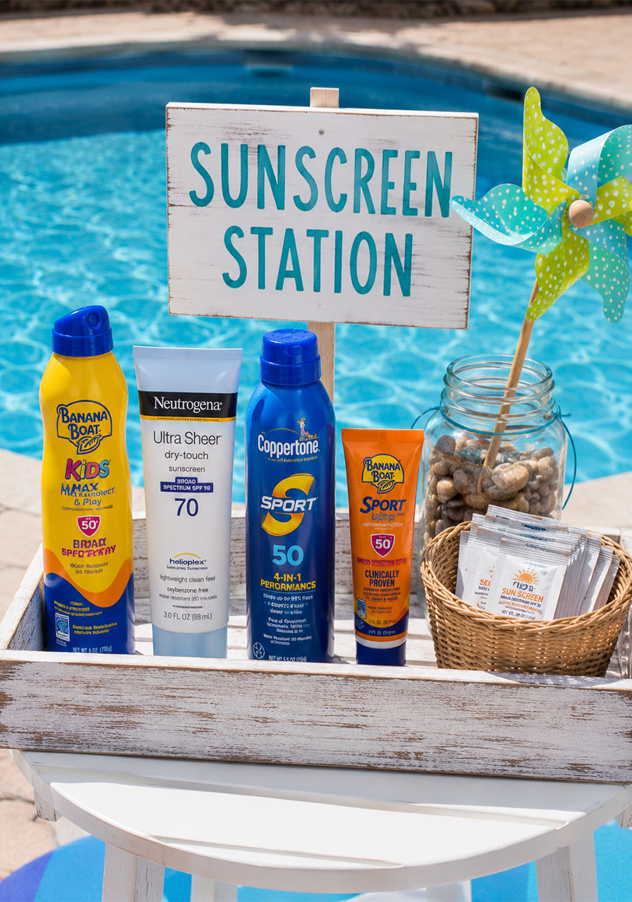 Pool party sunscreen station with multiple SPF products, individual packets, and a decorative sign set up beside the pool