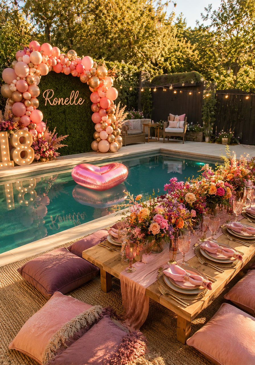 Boho pool party setup for 18th birthday with pink balloon arch grass wall and low dining table with floor cushions