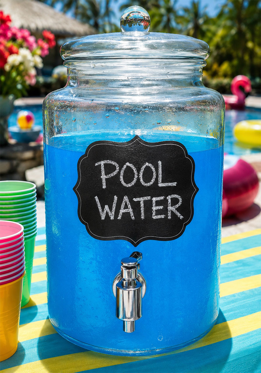 Blue pool water punch in a glass beverage dispenser labeled Pool Water for a summer pool party drink station