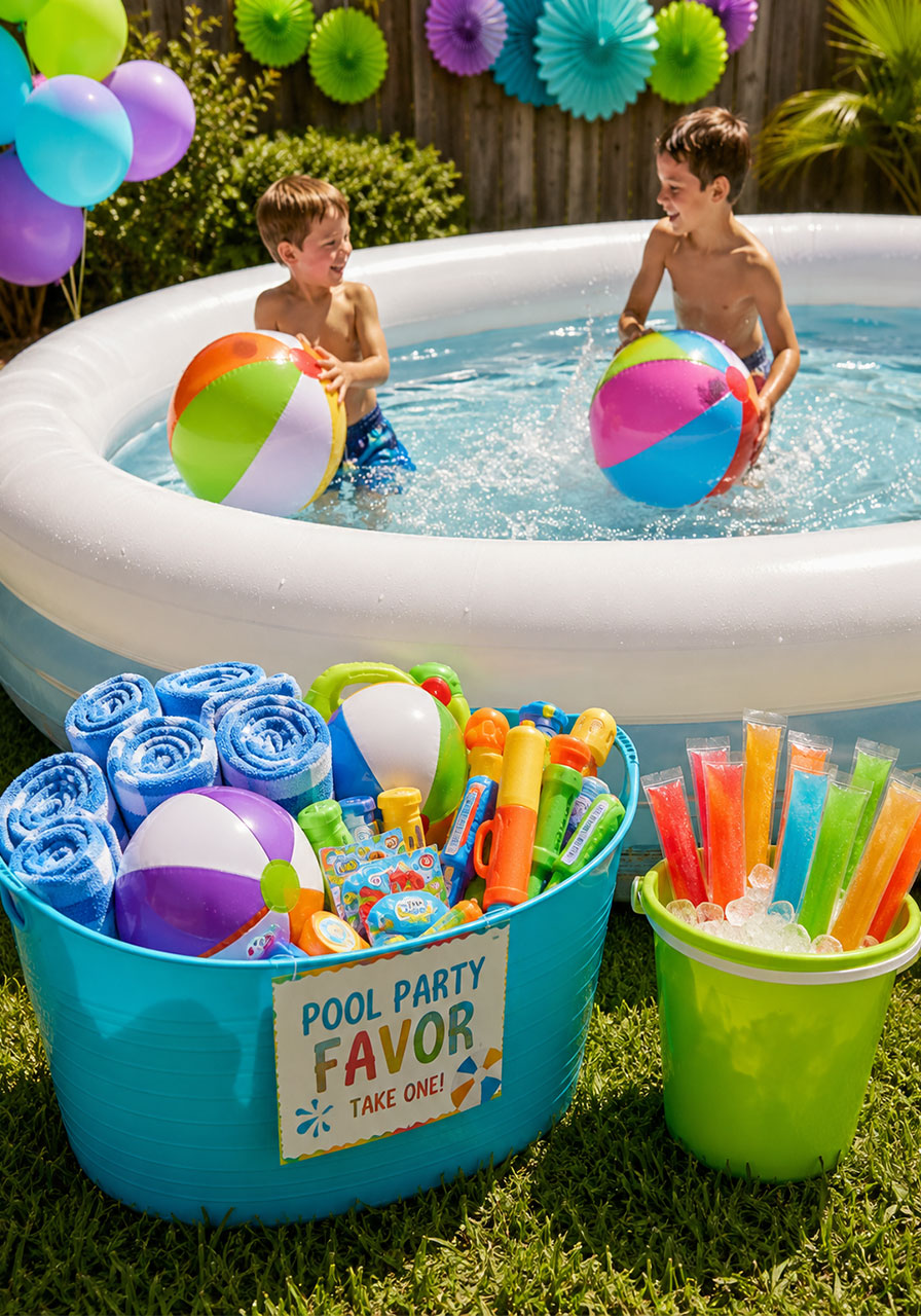 Colorful backyard pools and popsicles party setup with kids playing in inflatable pool and rainbow freeze pops station