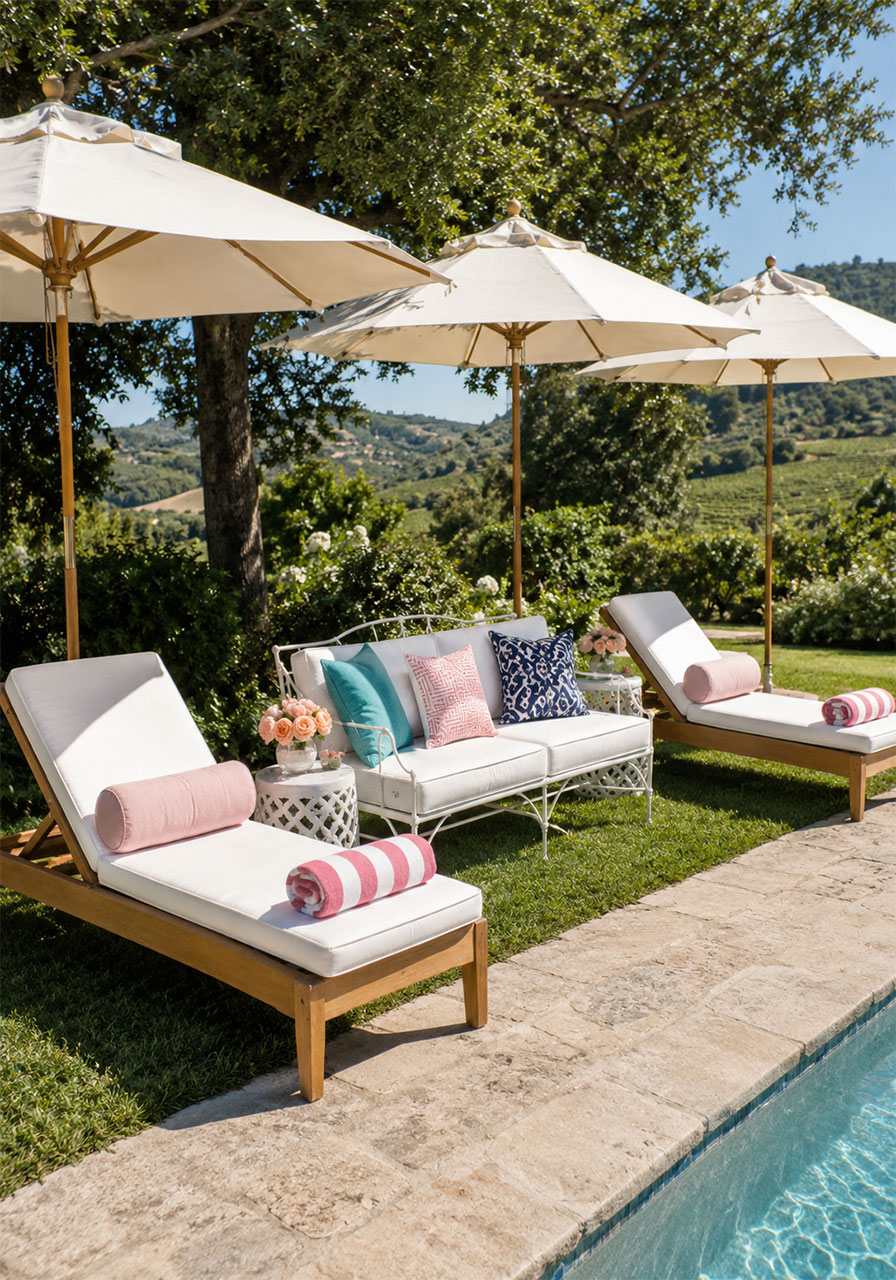 Elegant poolside lounge area with white chaise lounges, pastel throw pillows, and cream market umbrellas at a summer soirée