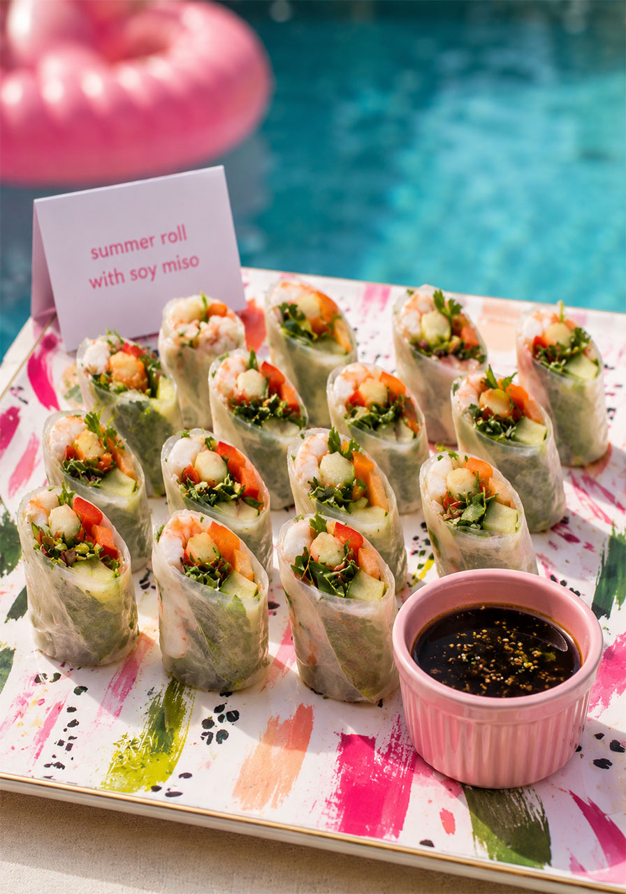 Elegant tray of bite-sized summer rolls with soy miso dipping sauce served poolside at a pastel summer soirée