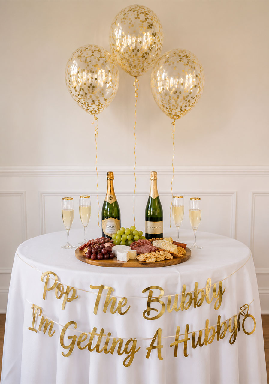 Pop the Bubbly I'm Getting a Hubby bachelorette party decorations with champagne, gold balloons, and charcuterie board