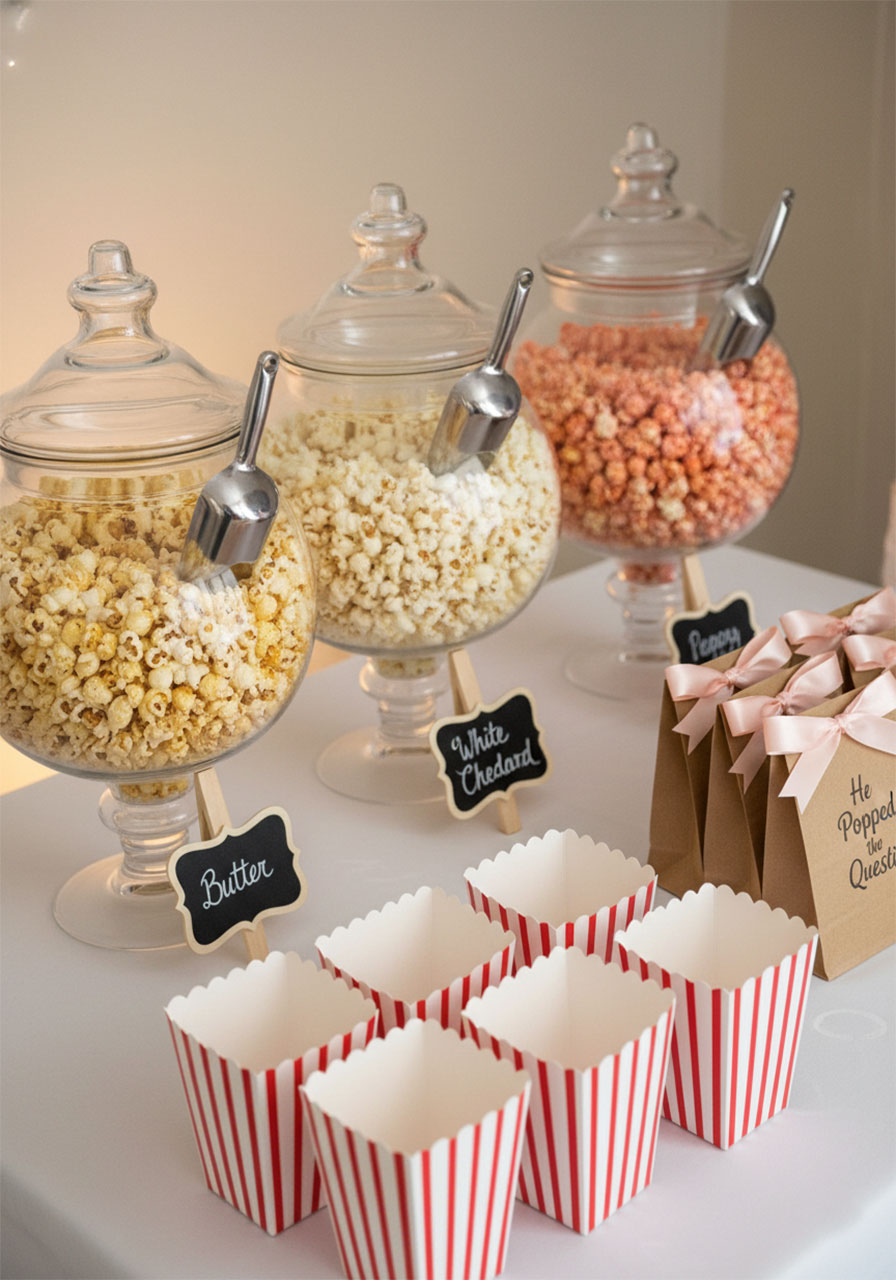 Bridal shower popcorn bar with three flavors in glass jars and He Popped the Question favor bags