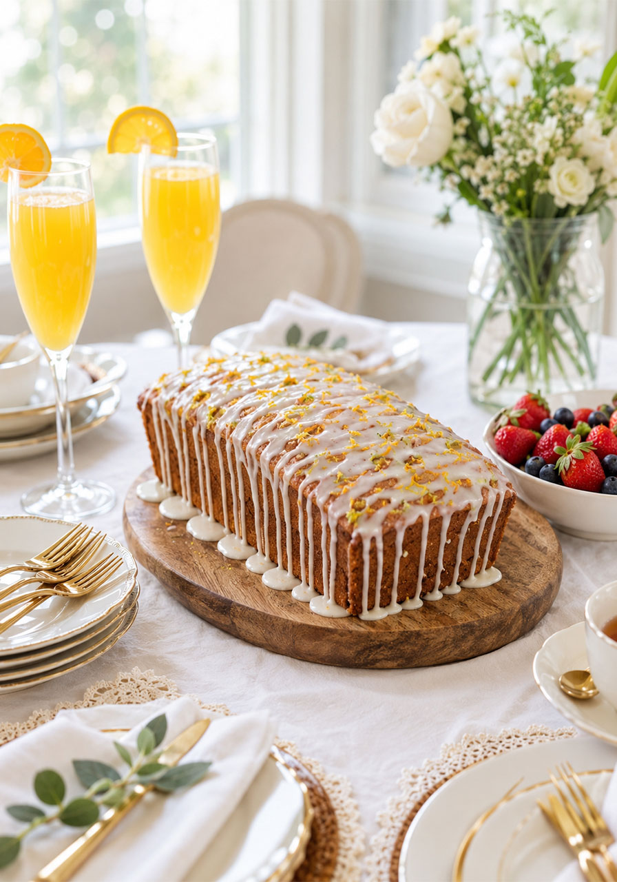 Poppyseed citrus tea cake as centerpiece on brunch party table with mimosas fresh fruit and elegant place settings