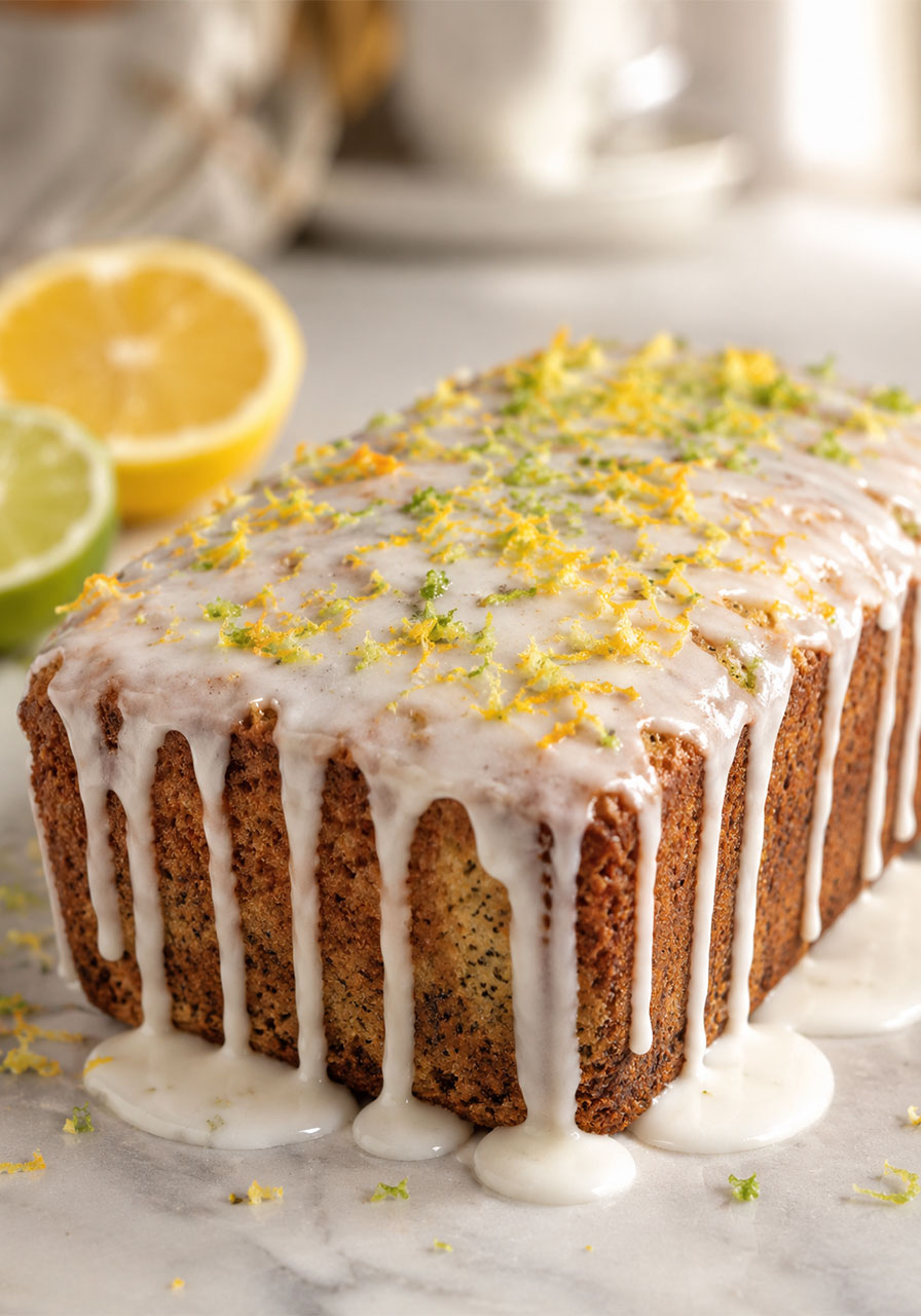 Poppyseed citrus tea cake with double citrus glaze dripping down the sides, garnished with lemon and lime zest