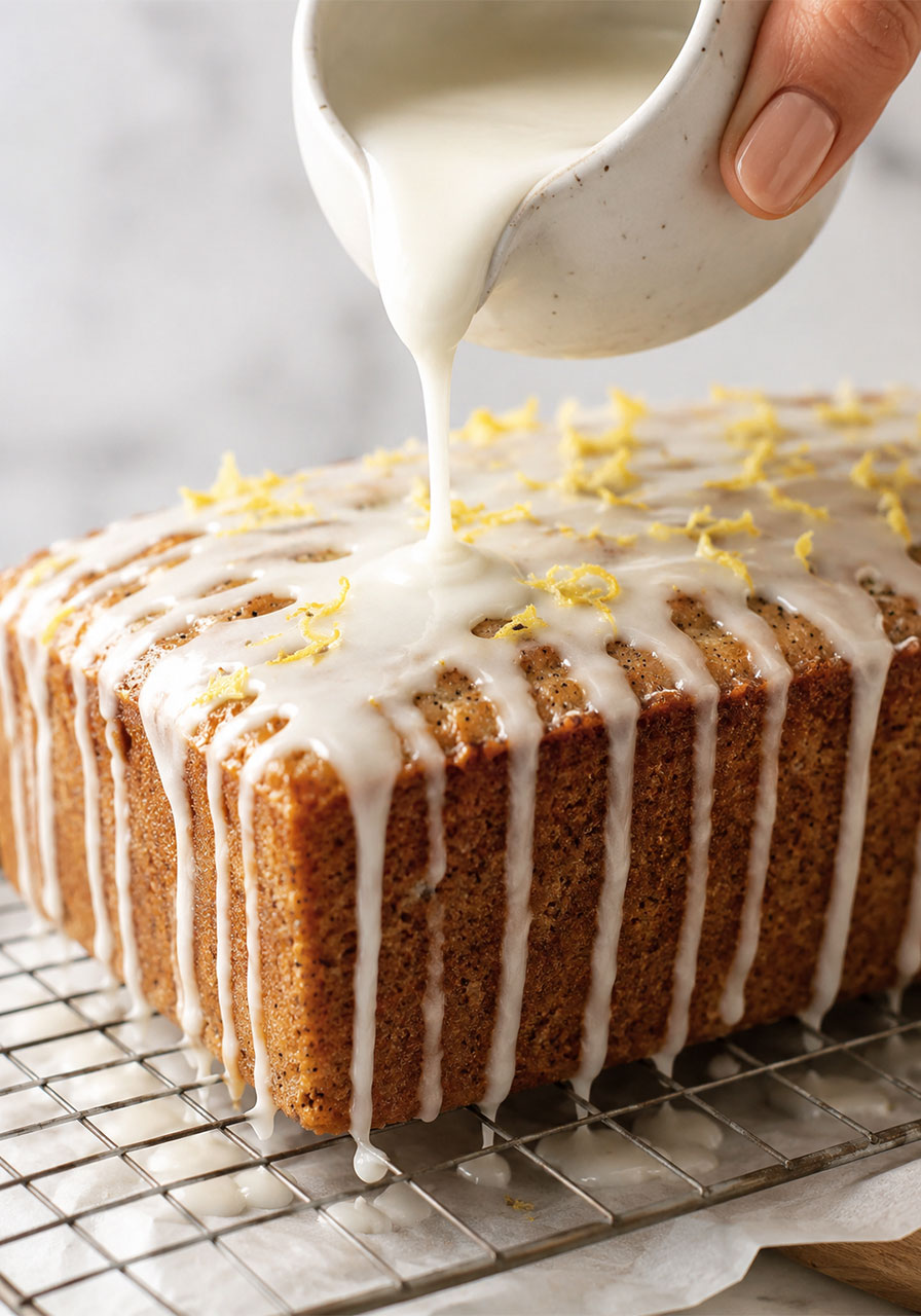 Close-up of white citrus drizzle icing being poured over cooled poppyseed citrus tea cake loaf on cooling rack