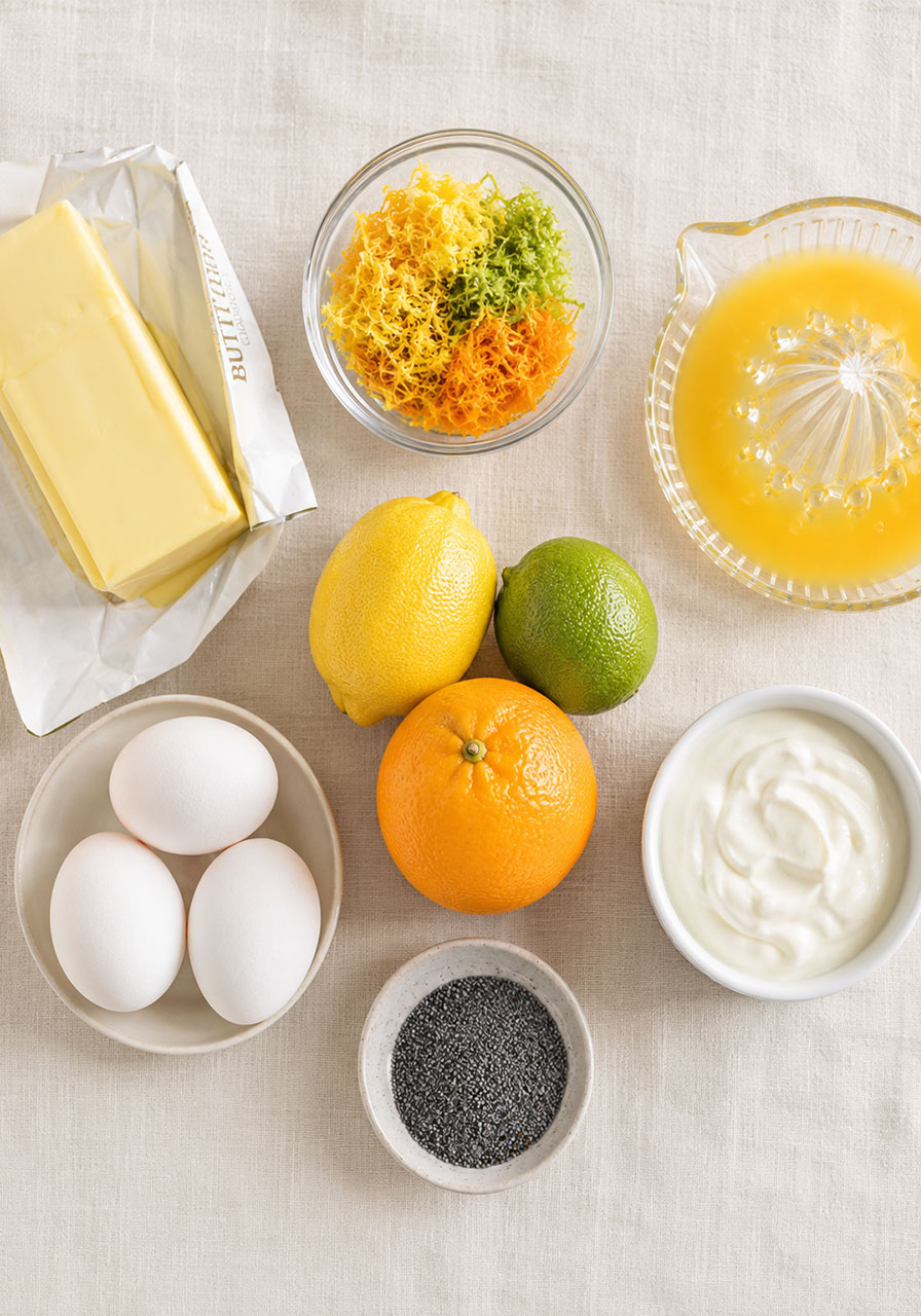 Fresh ingredients for poppyseed citrus tea cake including lemon lime orange poppy seeds butter eggs and Greek yogurt flat lay