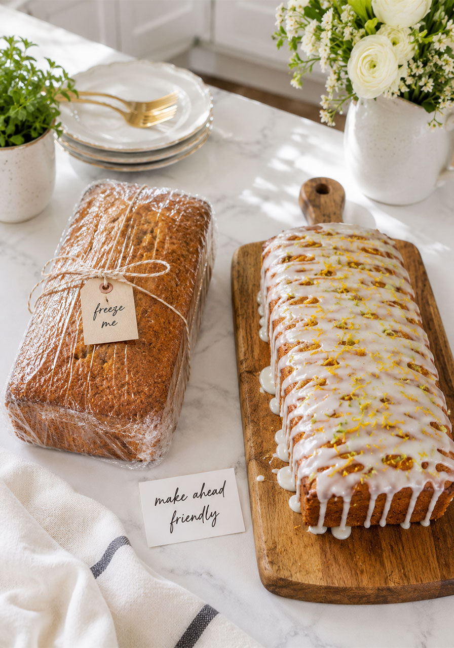 Two poppyseed citrus tea cake loaves showing make-ahead storage options: one wrapped for freezing and one glazed and ready to serve
