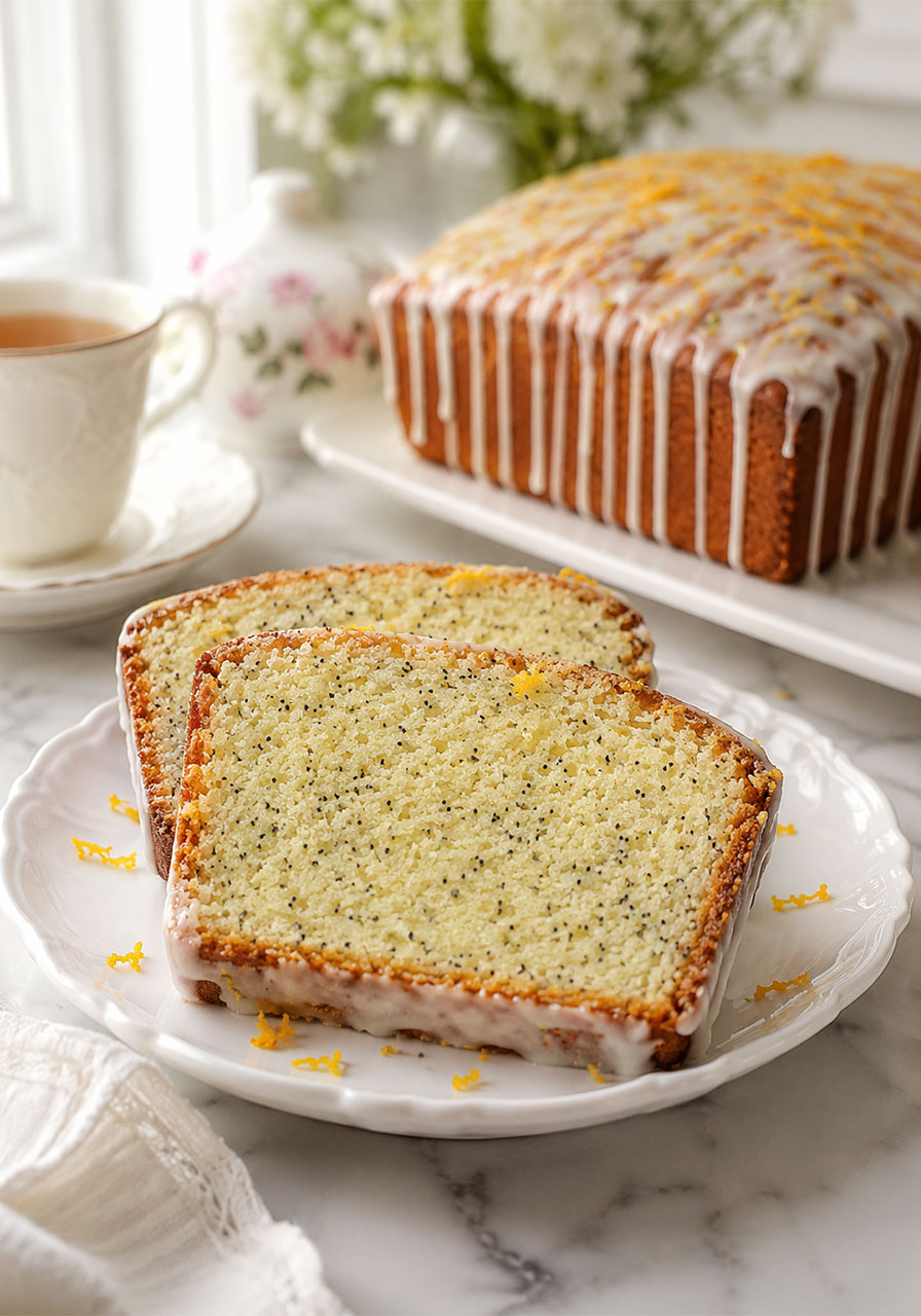 Sliced poppyseed citrus tea cake showing moist crumb with poppy seeds and citrus glaze on white plate