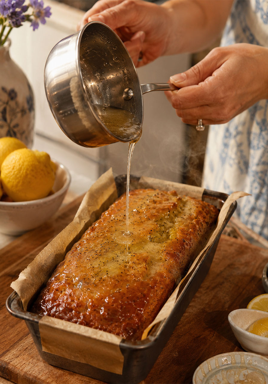 Pouring hot citrus syrup glaze over freshly baked poppyseed citrus tea cake in loaf pan while still warm