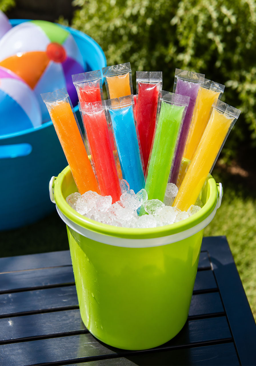 Rainbow freeze pops fanned out in lime green sand pail filled with ice for colorful kids pool party popsicle station