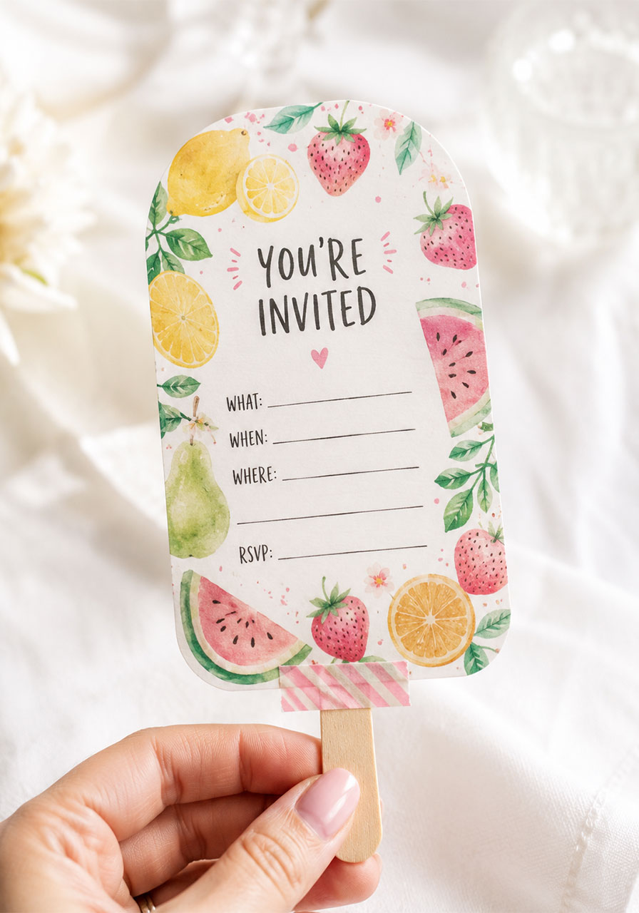 Cute popsicle-shaped summer party invitation card with watercolor fruit illustrations on wooden stick