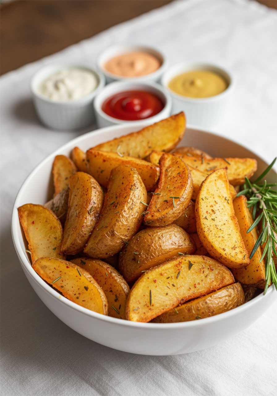 Crispy seasoned potato wedges with four dipping sauces for bridal shower brunch finger food